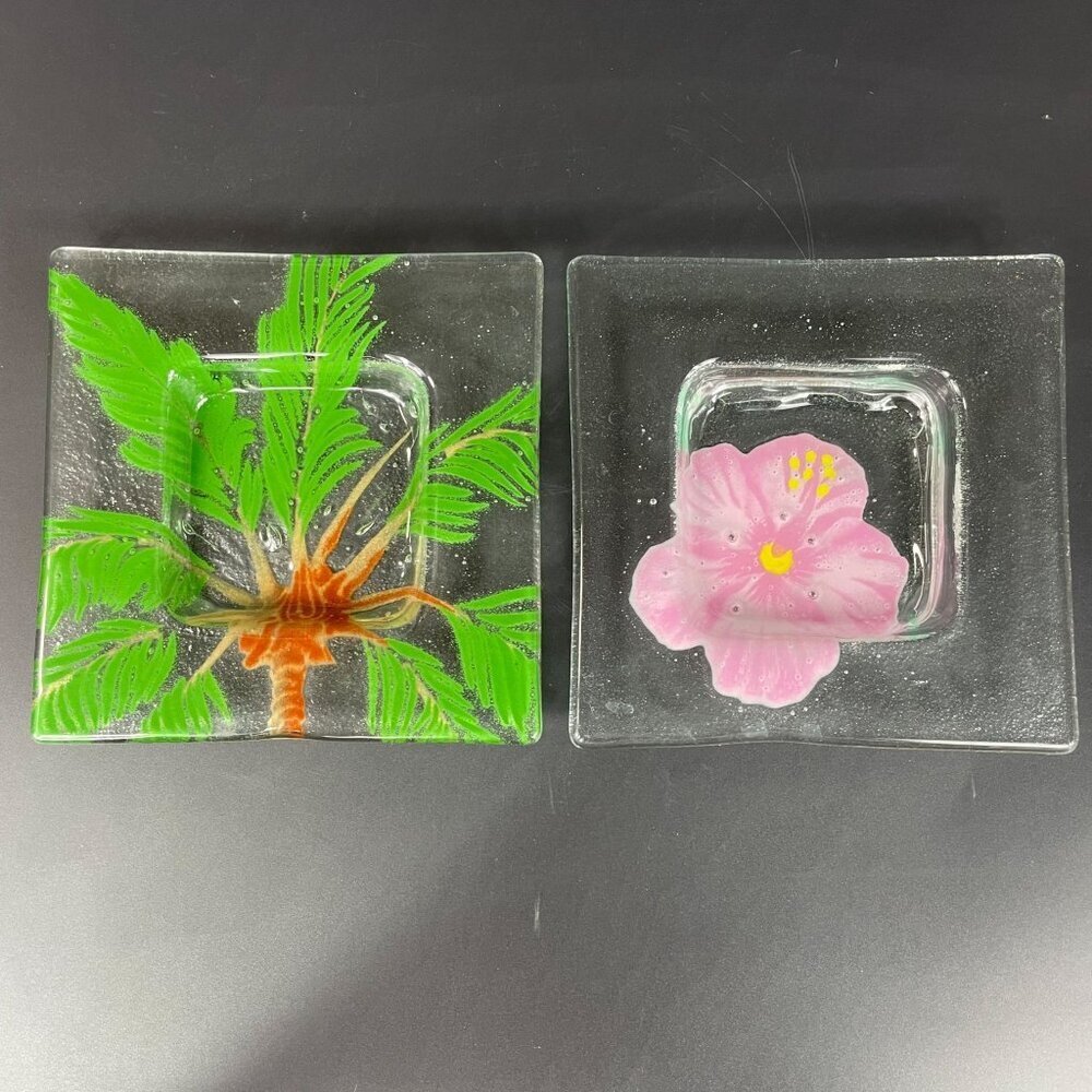 Fused Glass Square Plates With Palm Tree & Pink Hibiscus Flower Design By Pizzo